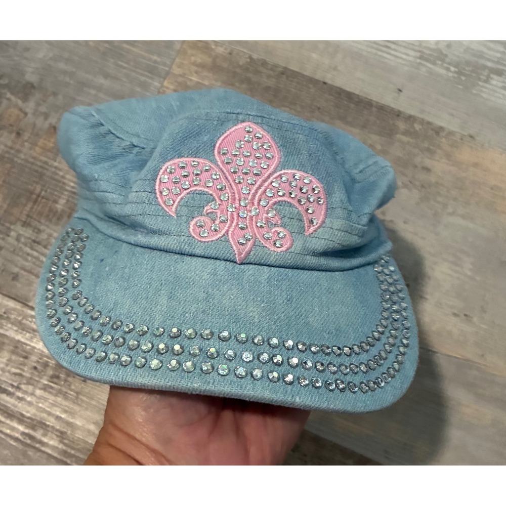 Crown Light Wash Denim Cadet Cap Pink Rhinestone Fleur De Lis Military Hat